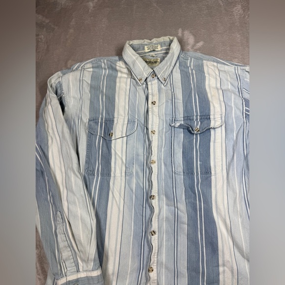 Vintage Campus 90s Striped 100% Cotton Blue White Striped Button Down Shirt XL - Picture 2 of 14